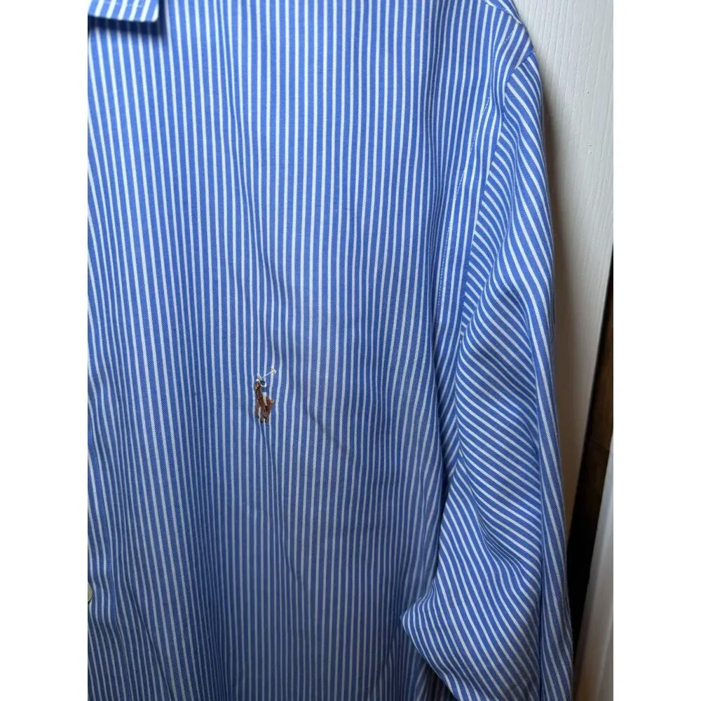 Polo Ralph Lauren Slim Fit Blue White Stripe Dress Shirt Mens 17.5 34/35